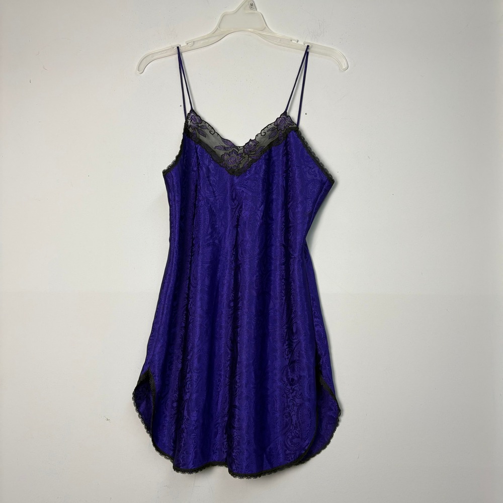 Vtg 80s Sleep Solutions Purple Paisley Satin Lace Trim Nightie Slip Dress Medium